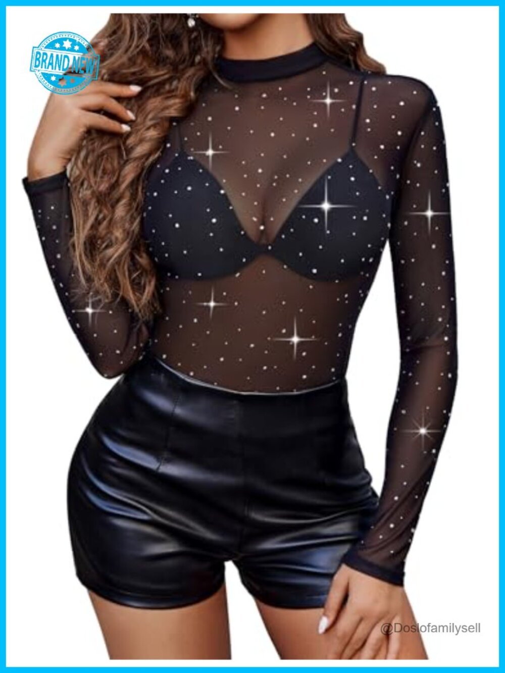 Mesh Rhinestone Top Sheer See Through Long Sleeve Mock Neck